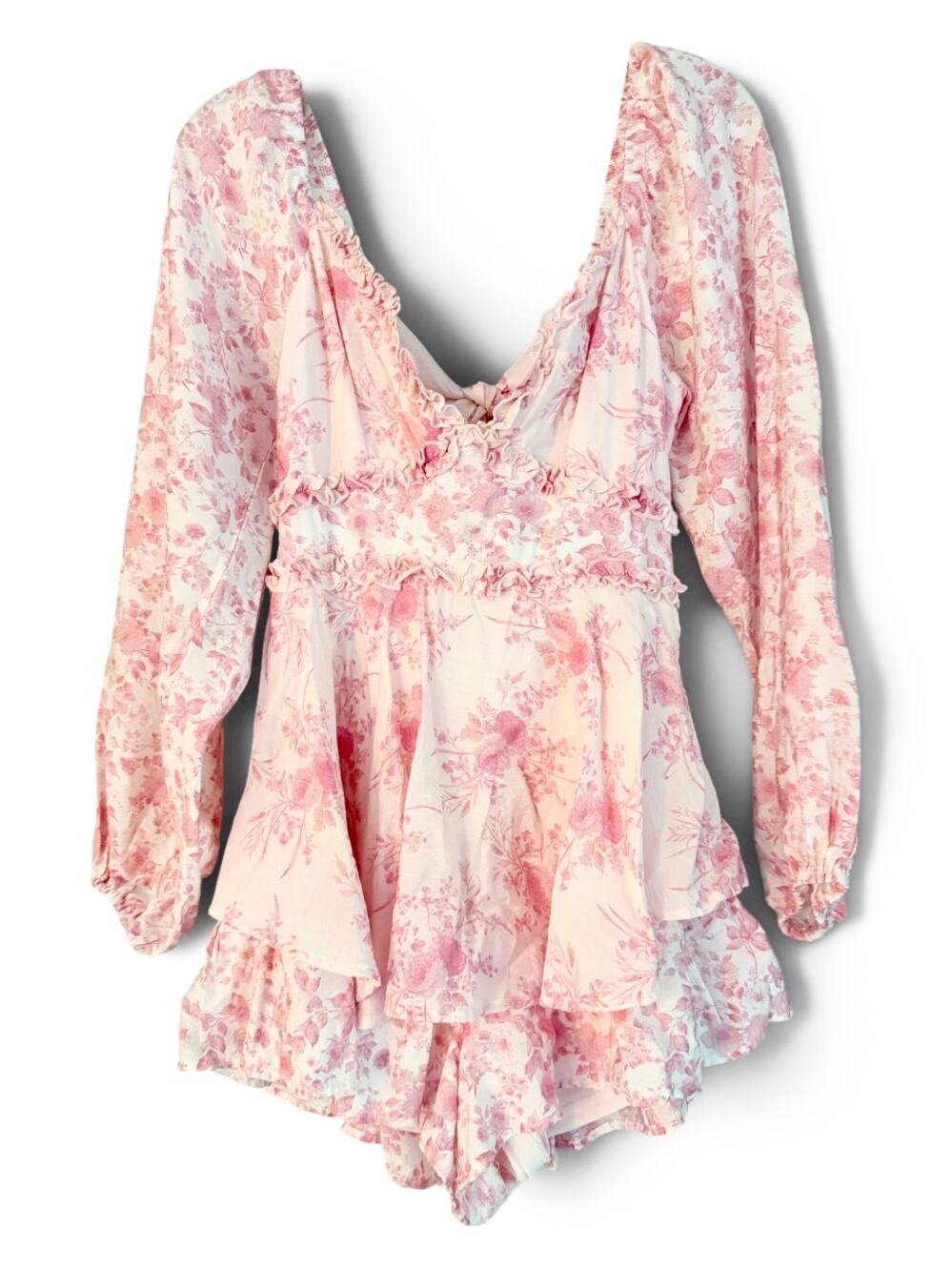Altar'd State Pink Floral Tiered Long Blouson Sleeve Back Tie Romper Small